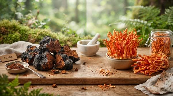 Editorial illustration for Chaga vs. Cordyceps: Immune Support or an Energy Boost?