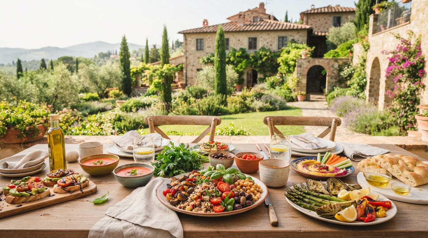 A beautiful Italian villa garden setting with a table full of delicious and artfully presented vegan food, representing a luxurious plant-based travel experience.
