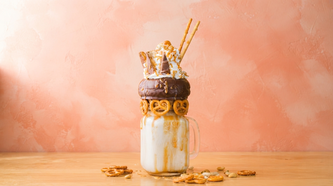 A decadent chocolate milkshake on a fast-food tray, surrounded by burger wrappers and a half-eaten burger, symbolizing indulgence and nutritional cost.