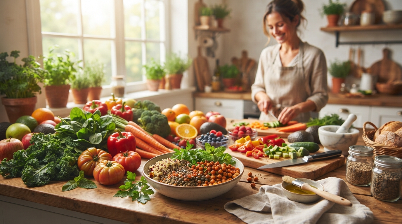 A bountiful display of fresh fruits, vegetables, and whole grains on a kitchen counter, symbolizing healthy eating and unprocessed foods.