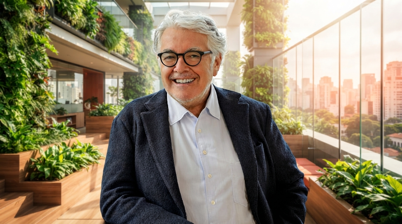 Neil Jacobs, a leader in luxury hospitality, discusses advanced wellness technology with an executive in a futuristic resort lobby.